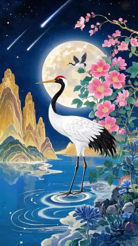 宋式极简仙鹤壁纸，直线构图设计